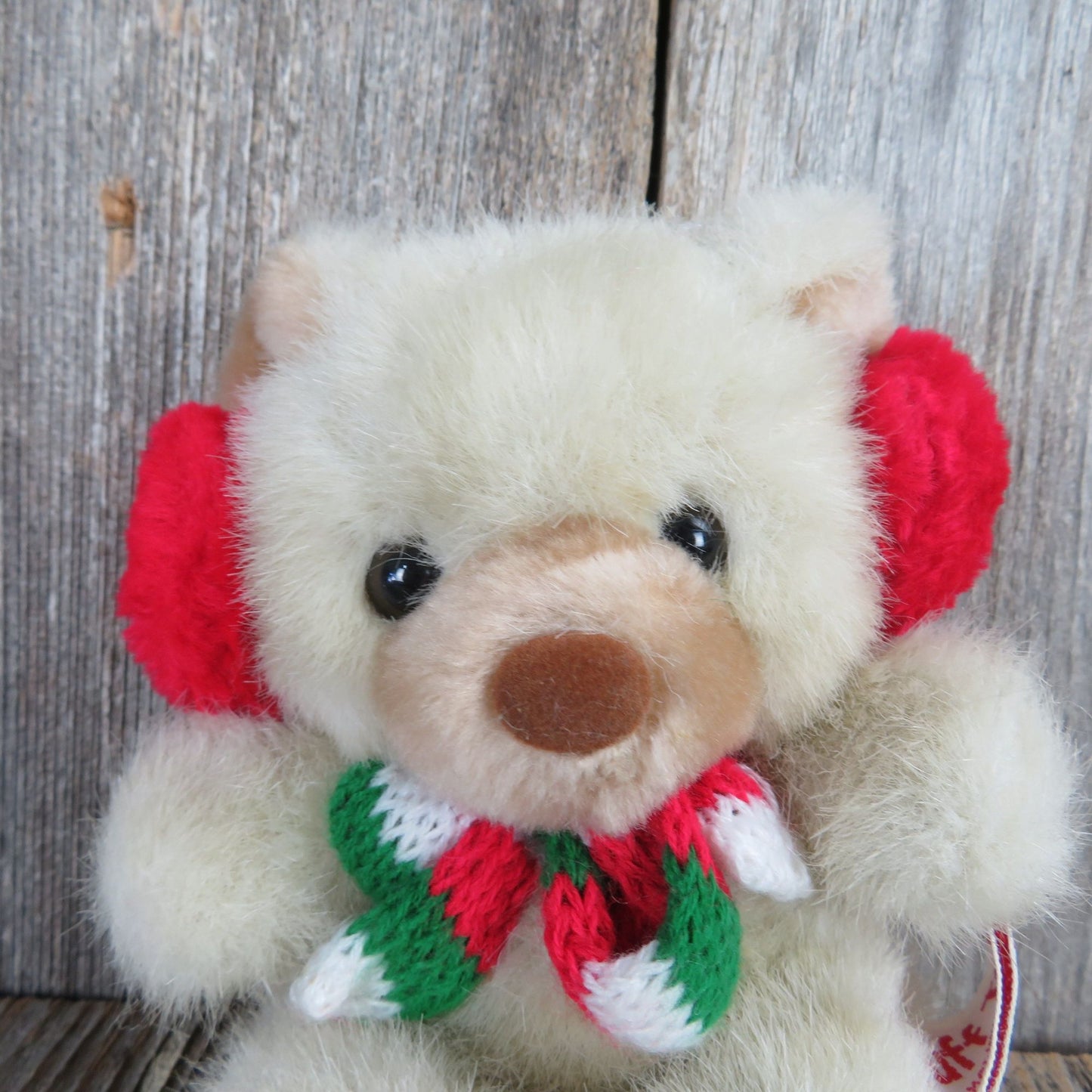 Vintage Teddy Bear Plush Red Earmuffs and Scarf Russ Tuff Teddy Christmas Mini Brown Nose Stuffed Animal
