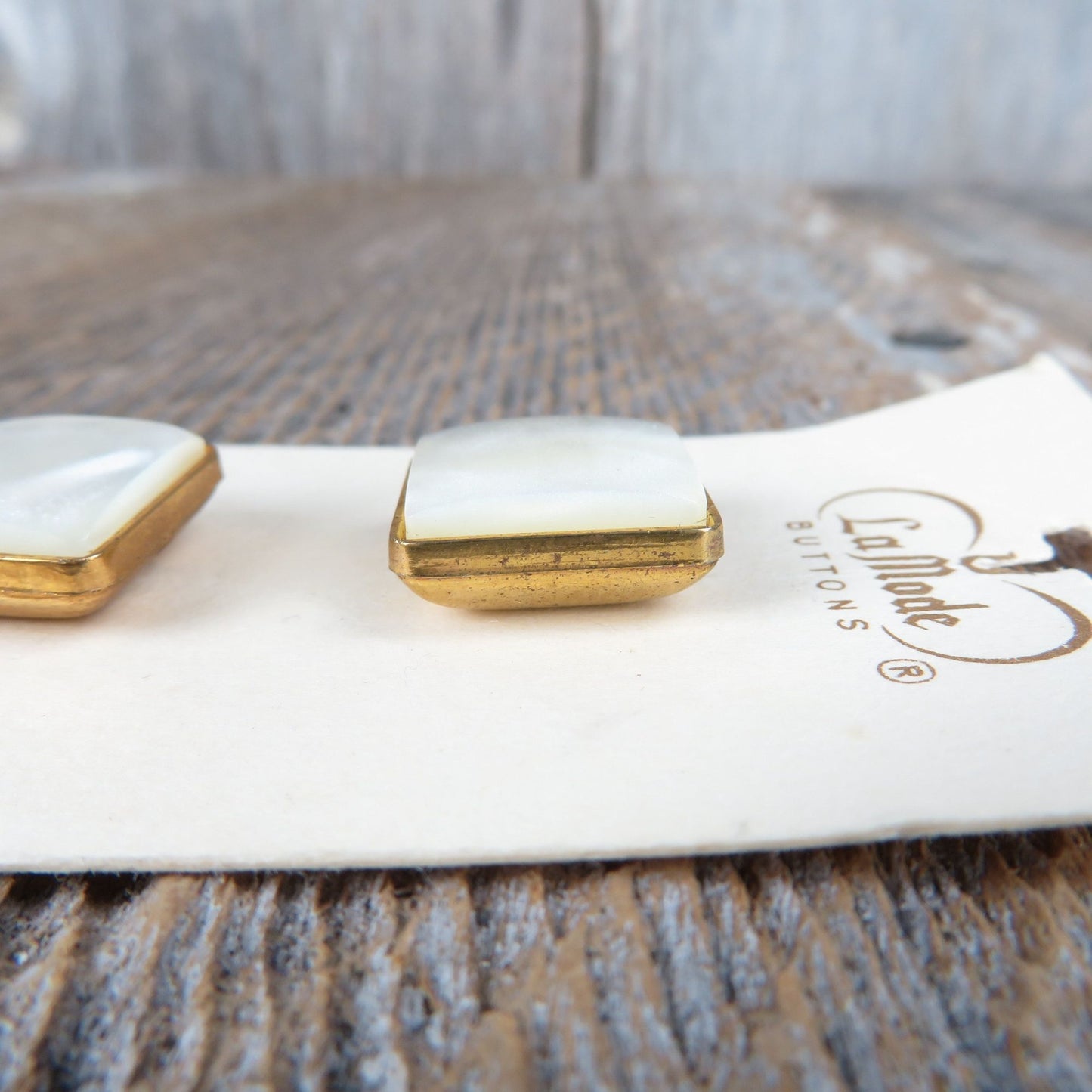 Vintage Square Buttons La Mode Gold and White Glossy Metal Base 7/8 inch # 35216 Japan Pearlesque