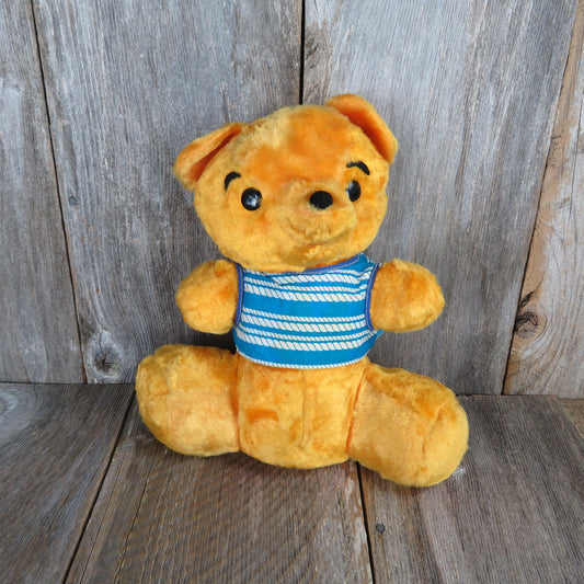 Vintage Teddy Bear Plush Shiny Yellow Orange Stuffed Animal Blue Shirt Pom Pom Nose Soft Foam Filled Eye Brows