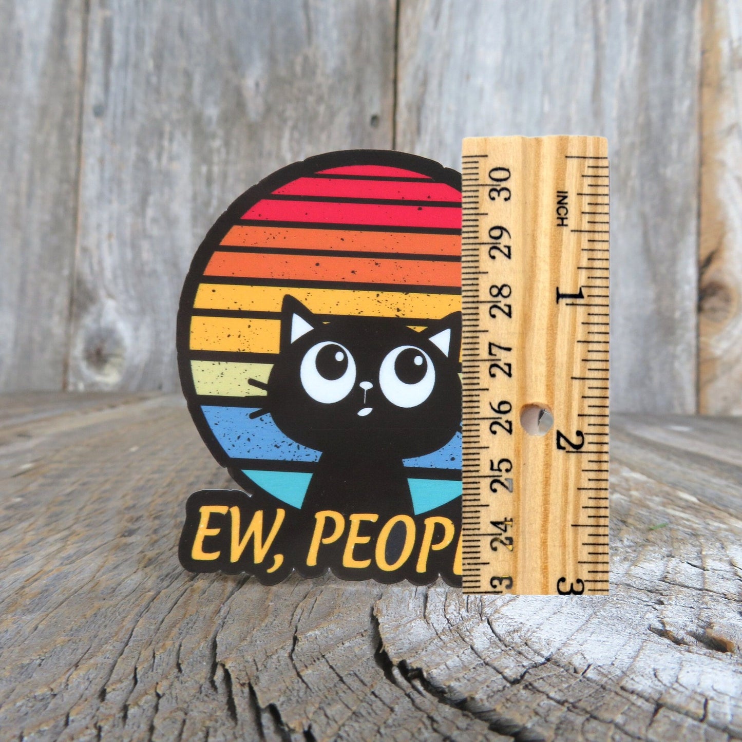 Ew People Sticker Black Cat with Retro Sunset Antisocial Funny Sarcastic Die Cut