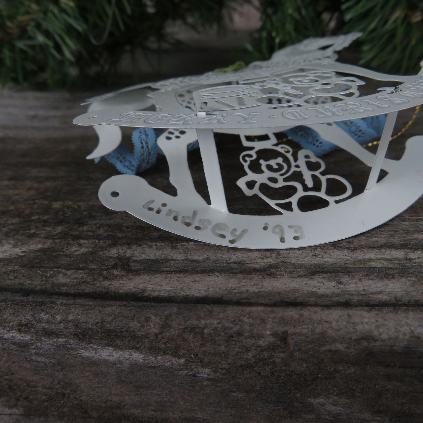 Vintage Rocking Horse Ornament White Metal Merry Christmas