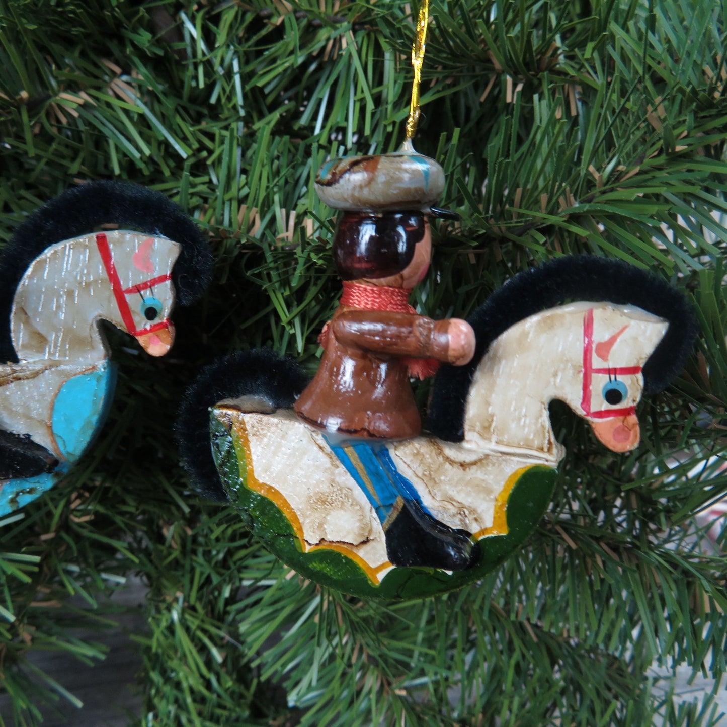 Vintage Rocking Horse with Rider Wooden Ornament, Wood Christmas Rocking Pony Soldier Christmas Ornament