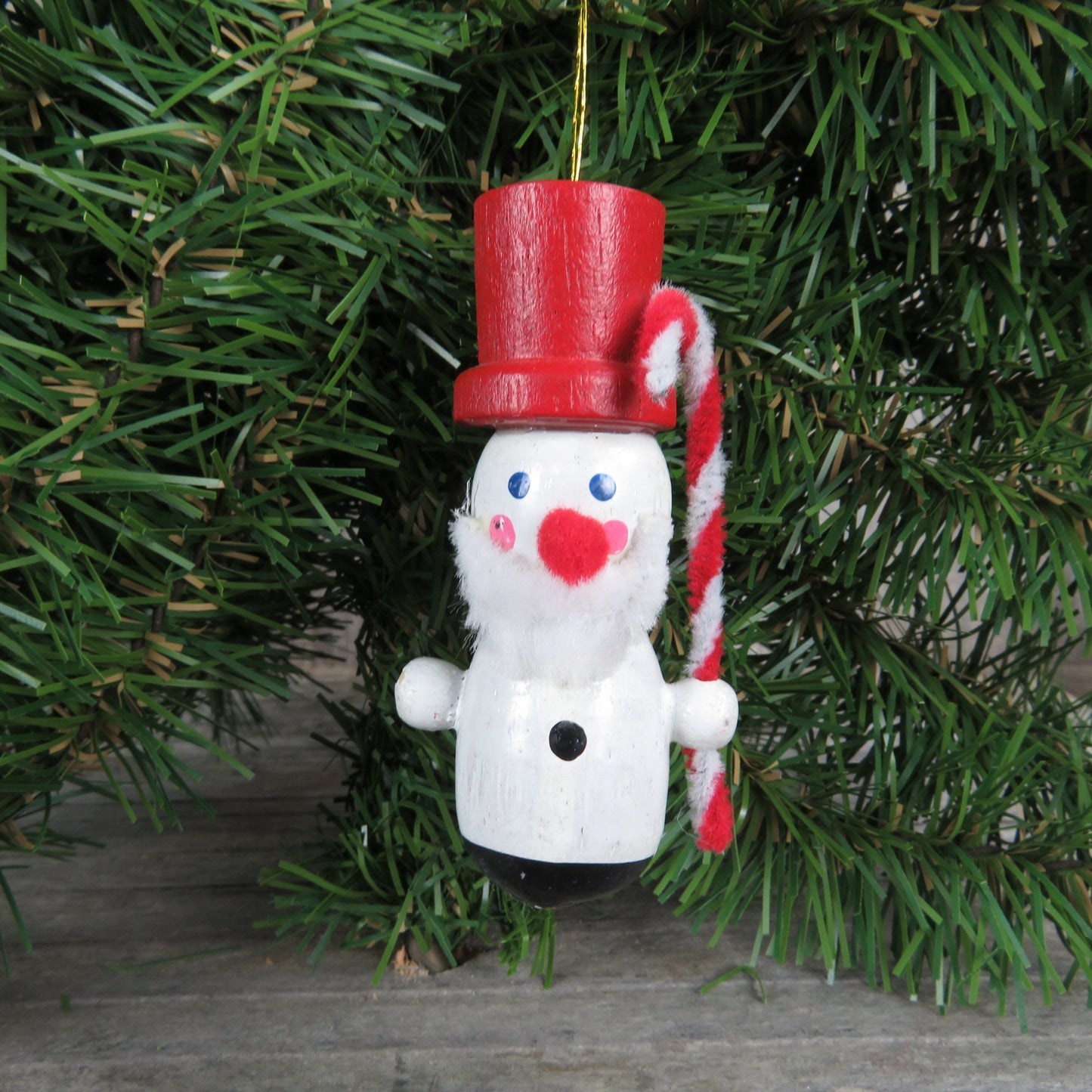 Vintage Wooden Snowman with Red Top Hat Ornament Candy Cane Beard Red Nose Christmas - At Grandma's Table