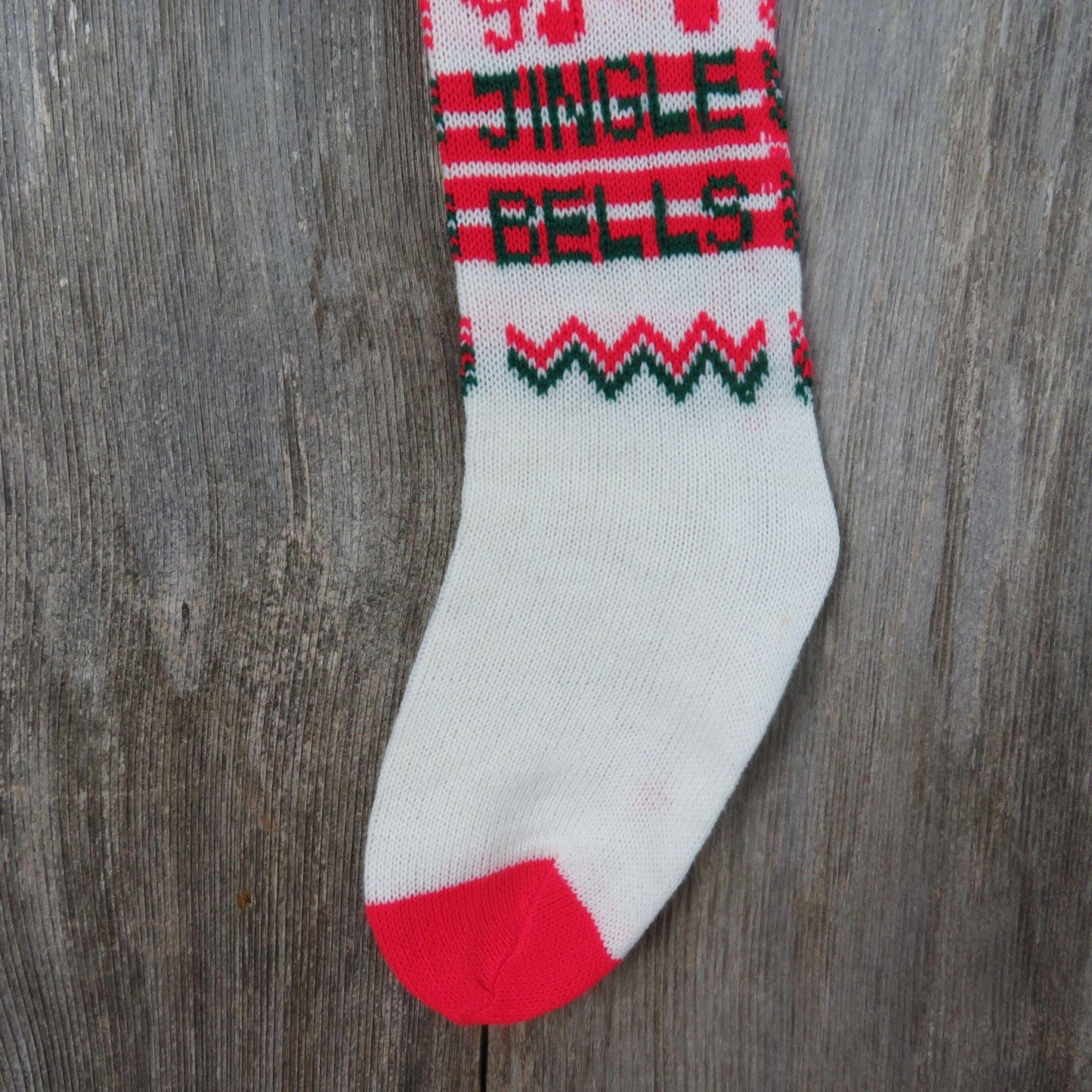 Vintage Jingle Bells Knit Stocking Christmas Musical Notes Red Green White Pom Pom