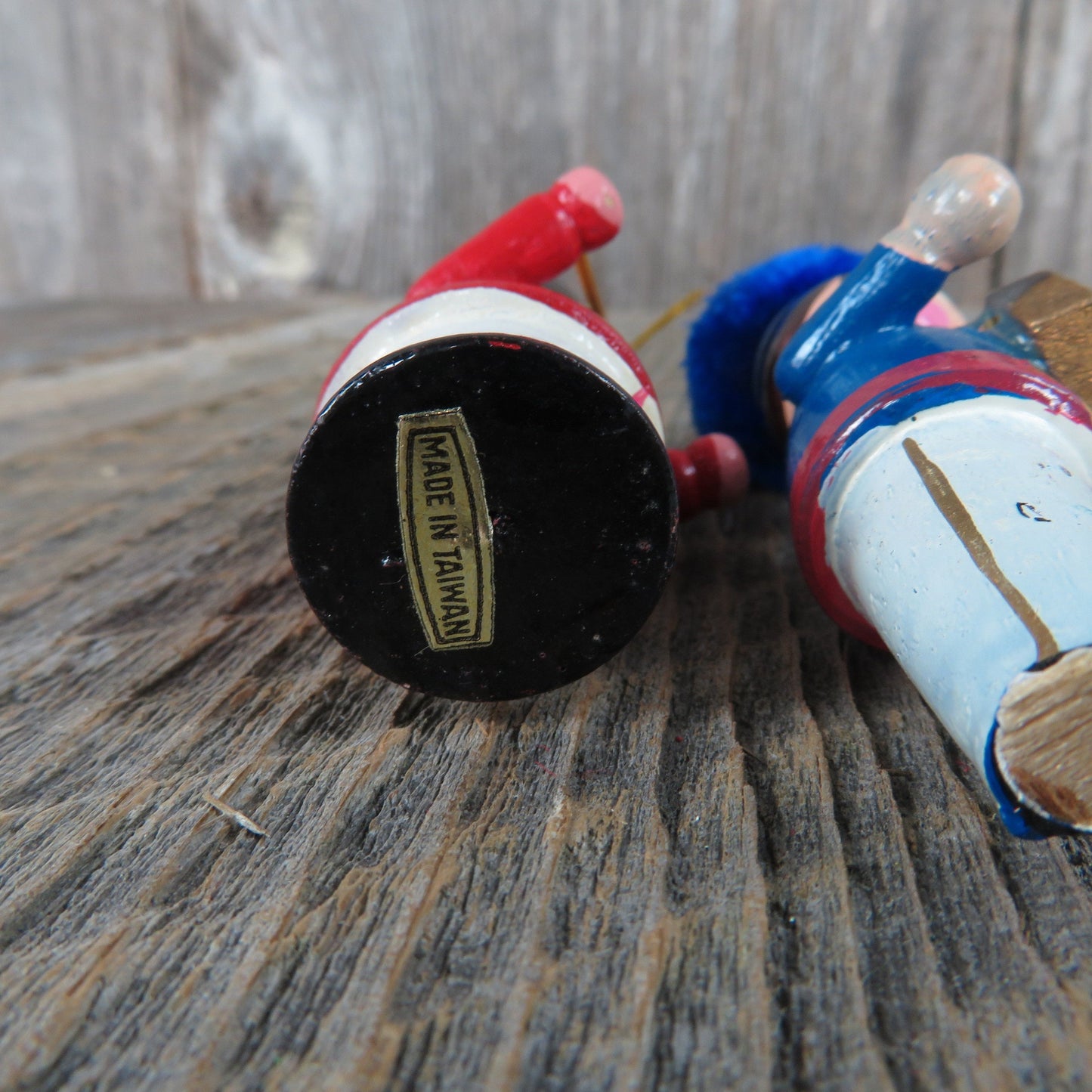 Vintage Wooden Marching Band Ornament Set Christmas Blue Red Pom Pom Hat Baton Instrument