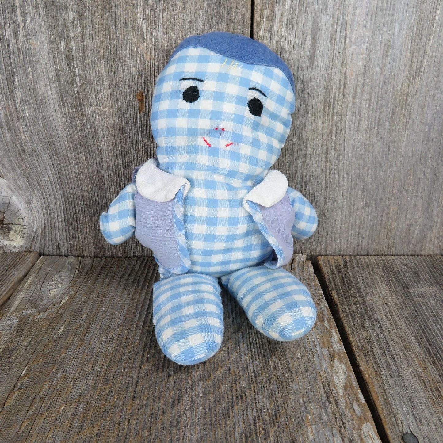 Blue and White Gingham Rag Doll Checkered Fabric Stitched Face Vest Vintage Boy Soft Body