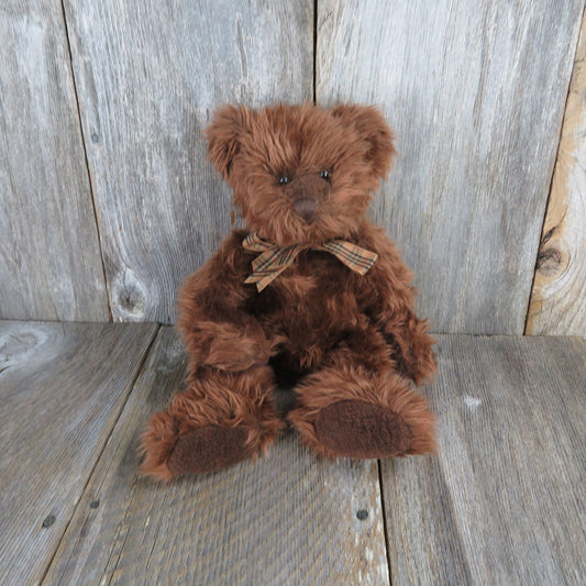Vintage Teddy Bear Shaggy Plush Beresford Russ Stuffed Animal Brown Plaid Bow Stitched Nose