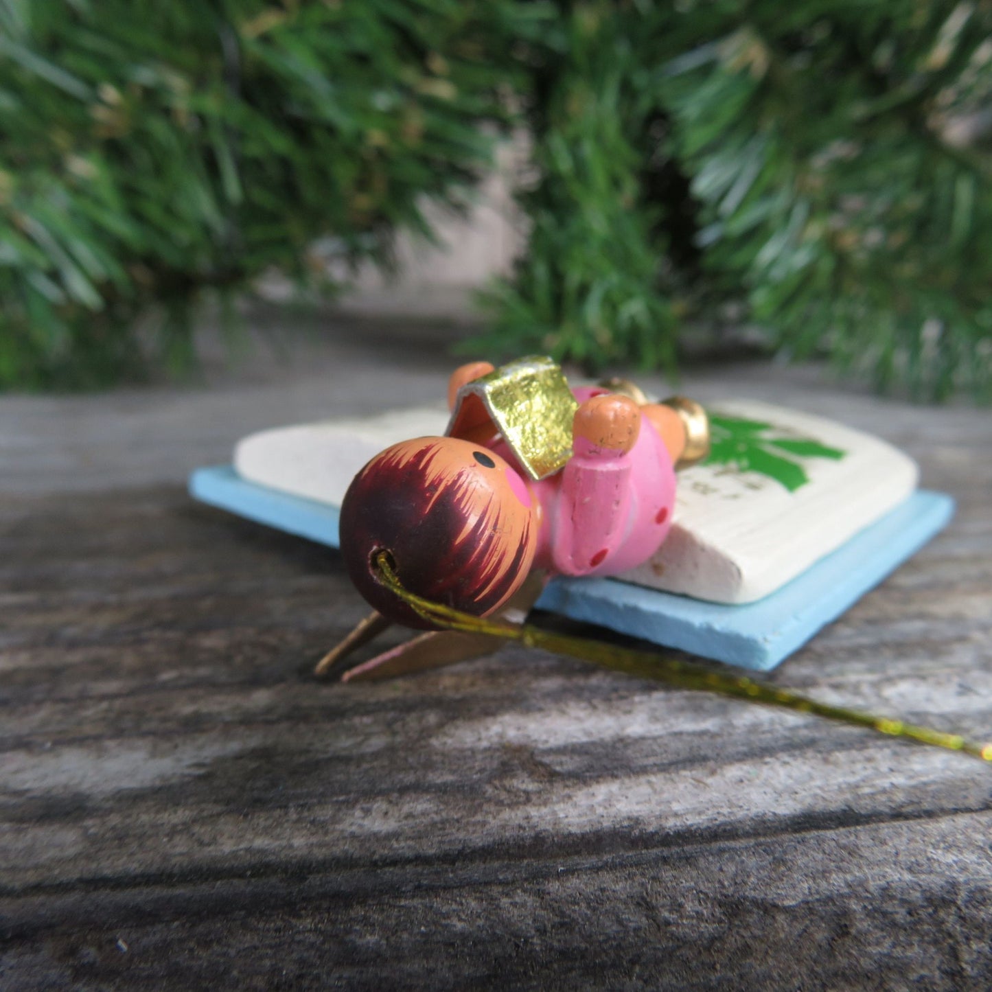 Singing Angel on Hymn Book Wood Ornament Vintage Wooden Blue Hymnal Christmas Caroling Angel Ornament