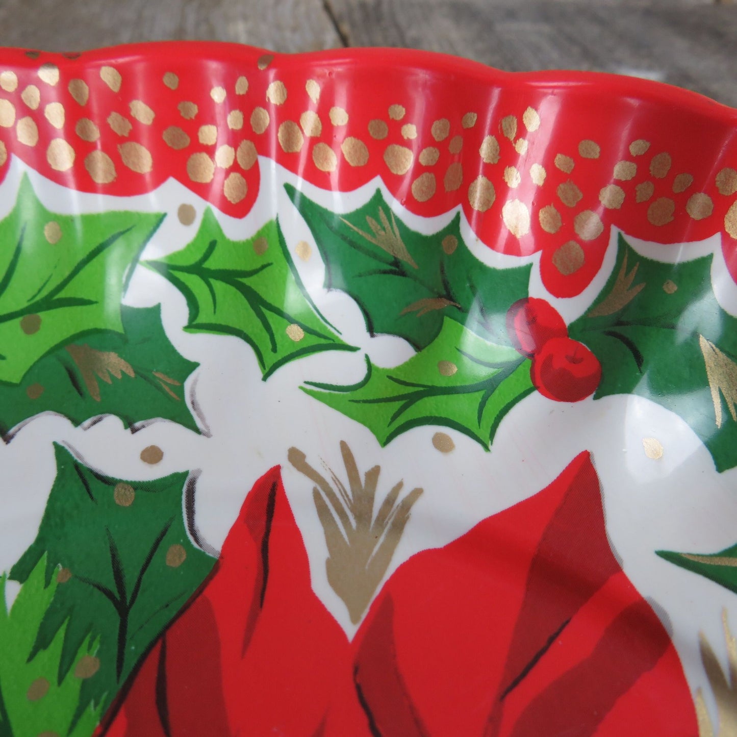 Vintage Poinsettia Cookie Plate Plastic Platter Scalloped Edge Serving Dish Gift Tray Holly Hostess Party Red Green - At Grandma's Table