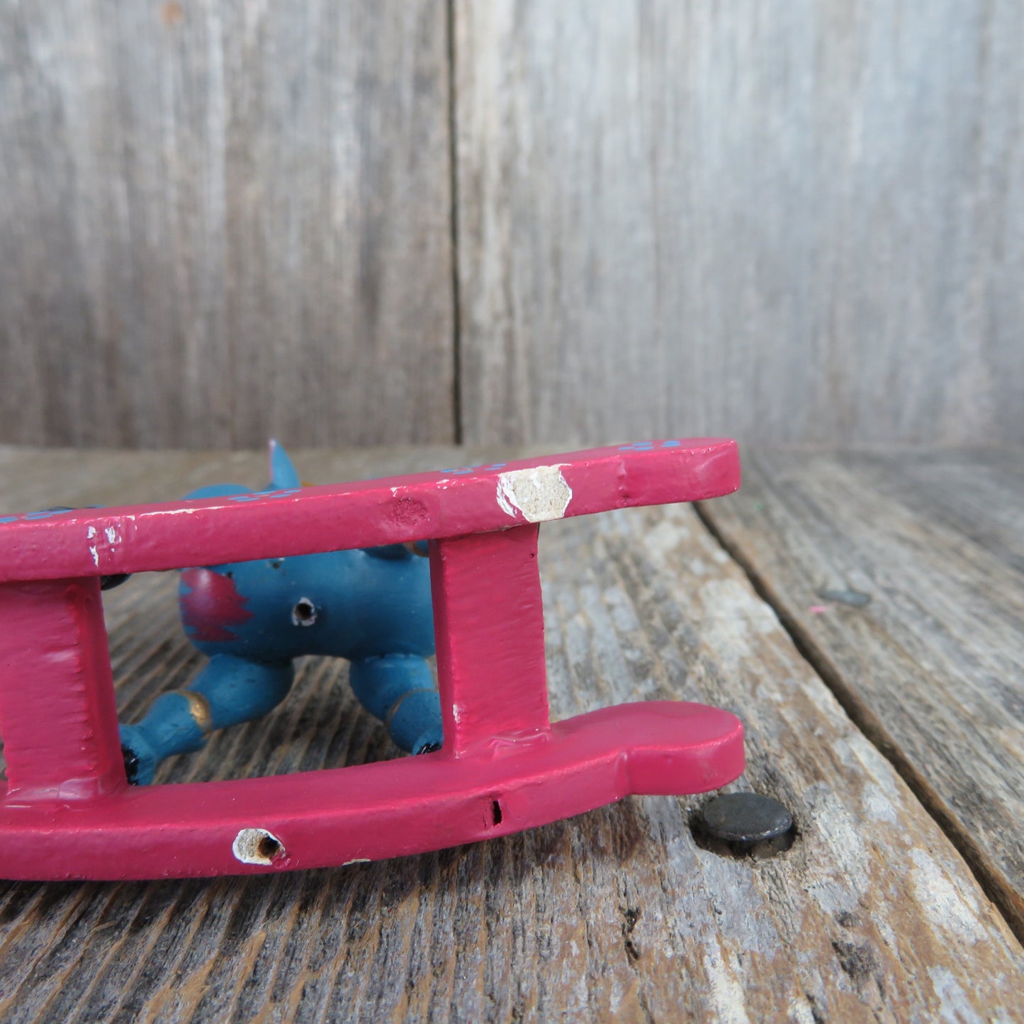 Vintage Wooden Rocking Reindeer Ornament Blue Pink Wood Christmas Cardboard Antlers Maroon