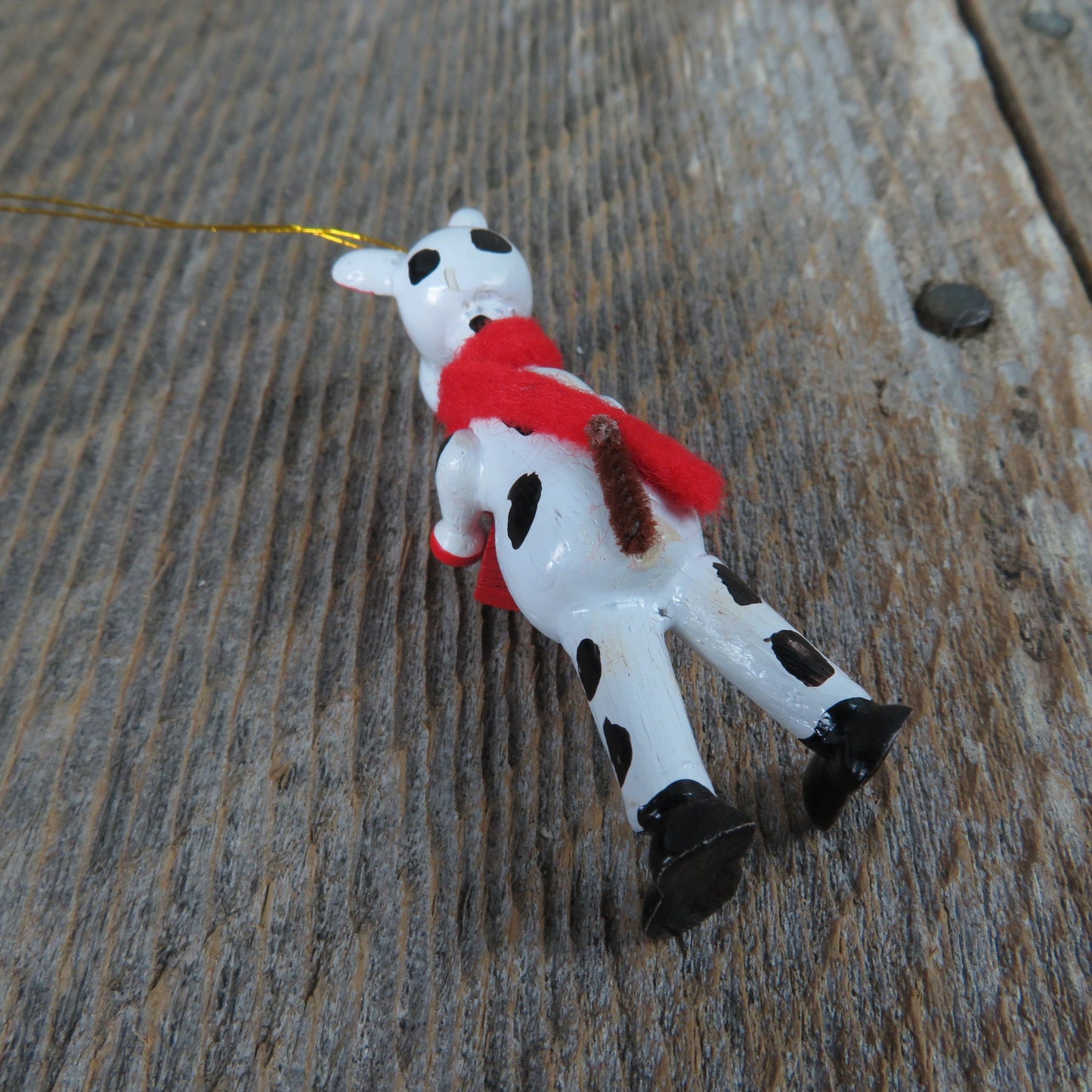 Vintage Cow with Gift Wood Ornament Standing Black and White Cow Red Scarf Wooden Christmas Figurine Village