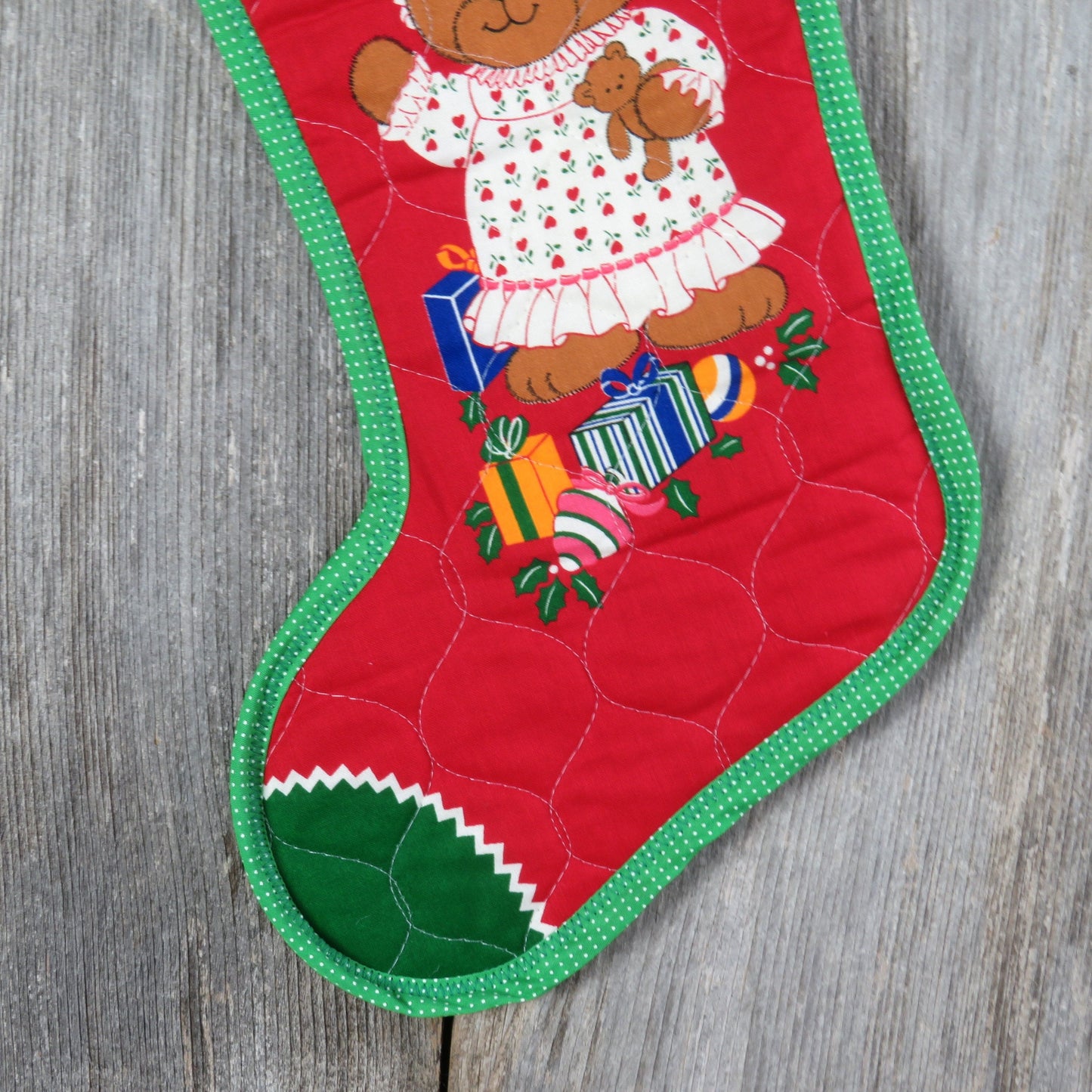 Vintage Teddy Bear Girl Christmas Stocking Quilted Handmade Fabric Red Green Cloth