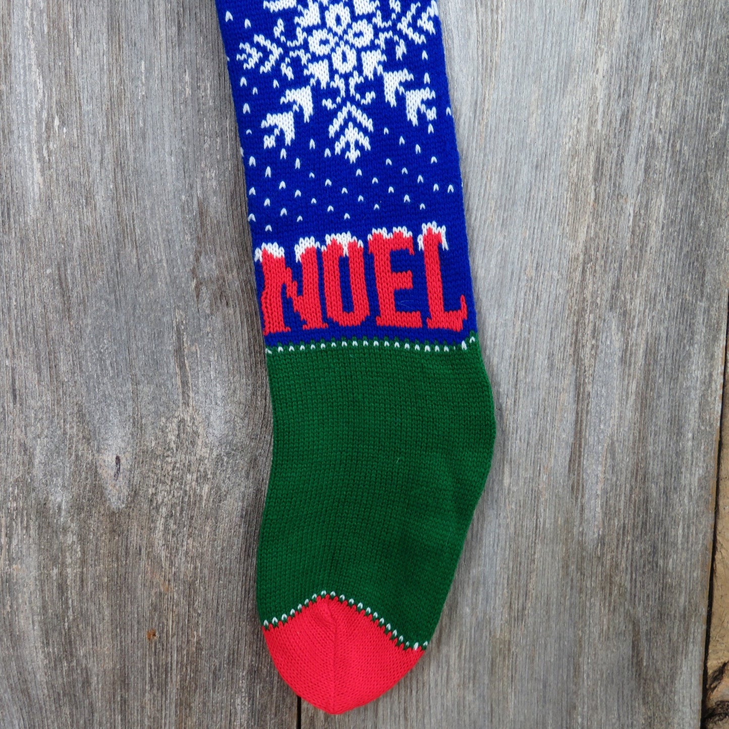 Vintage Noel Snowflake Knit Stocking Christmas Trees Blue Red Green Pom Pom
