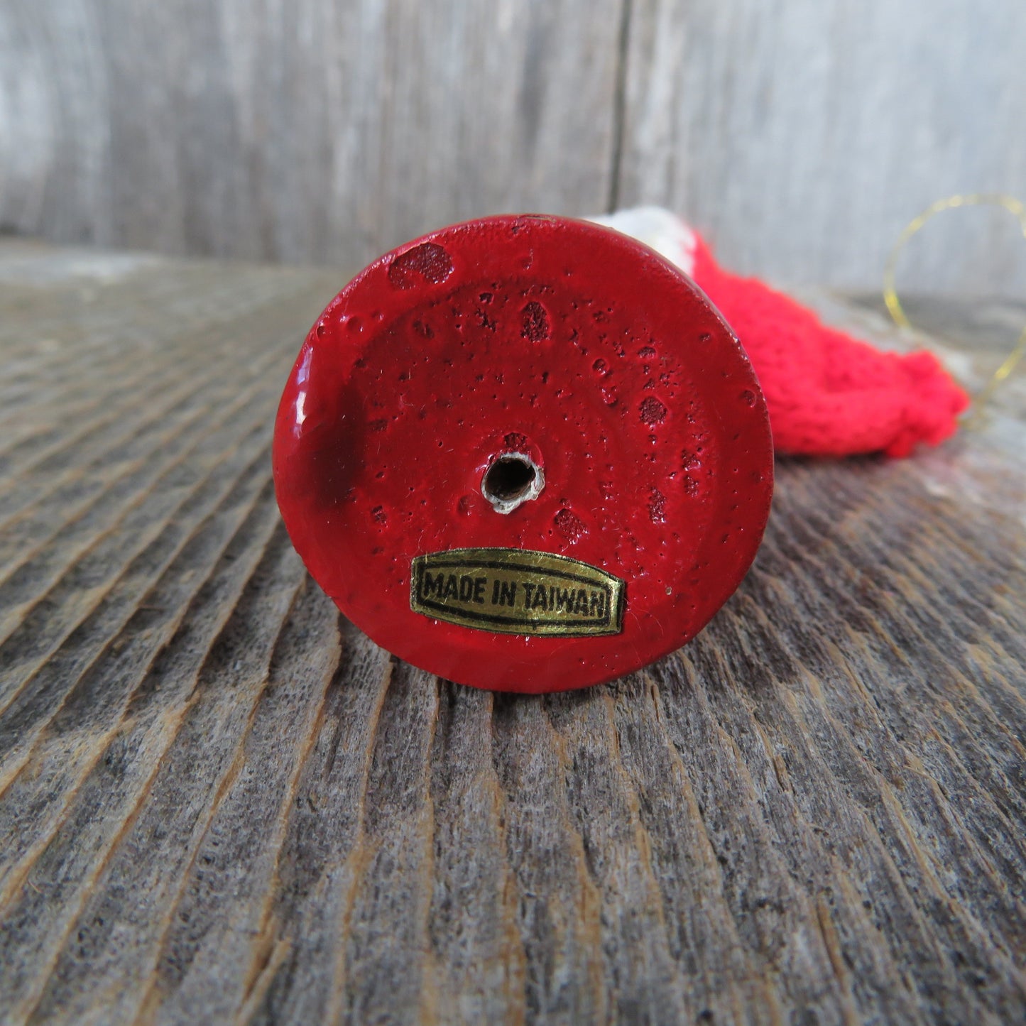 Vintage Santa Claus with Holly Wooden Ornament Red Knit Hat Tall Skinny Santa made in Taiwan
