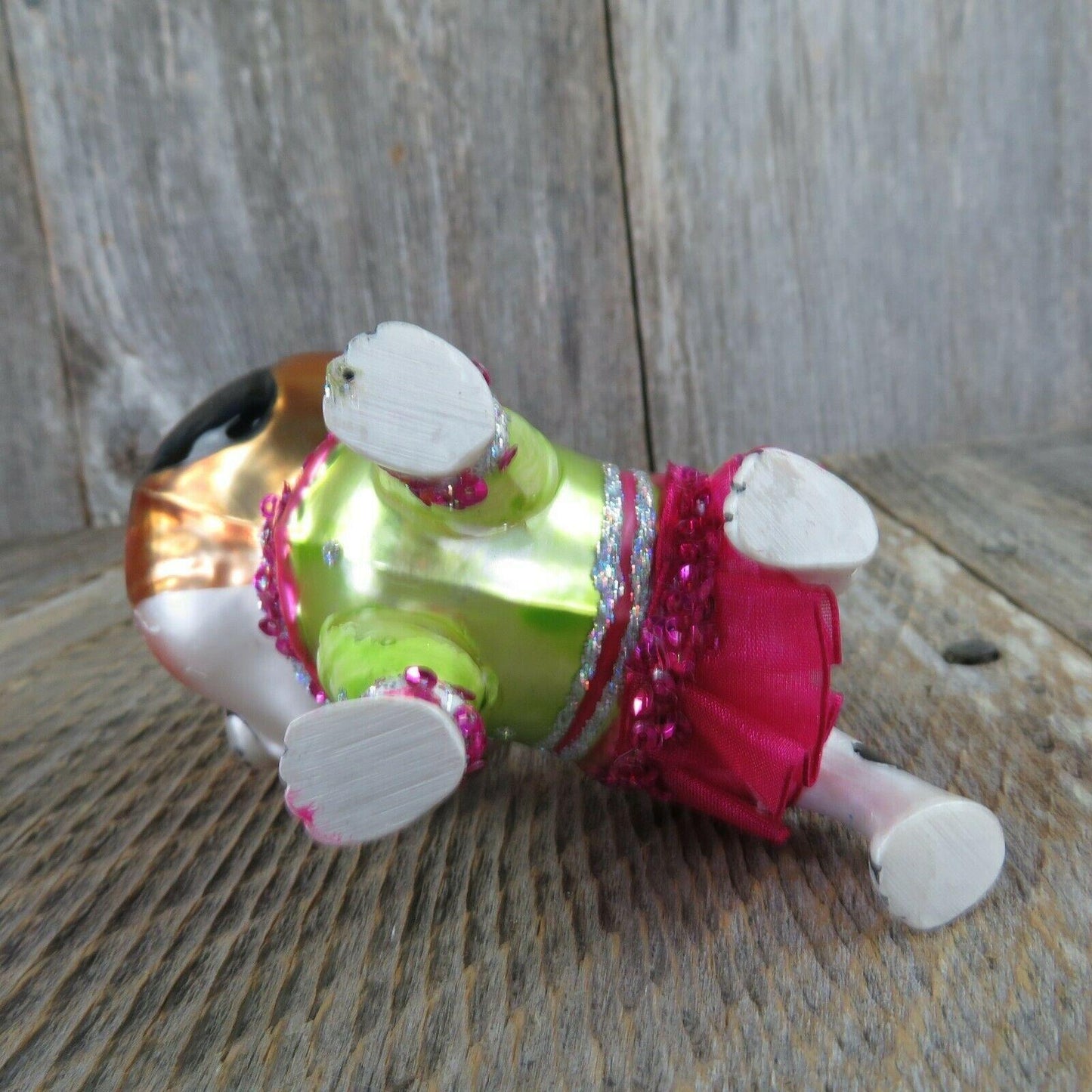 Glass Cat in Pink Green Dress Ornament Rhinestones Glitter Bow Christmas Kitten