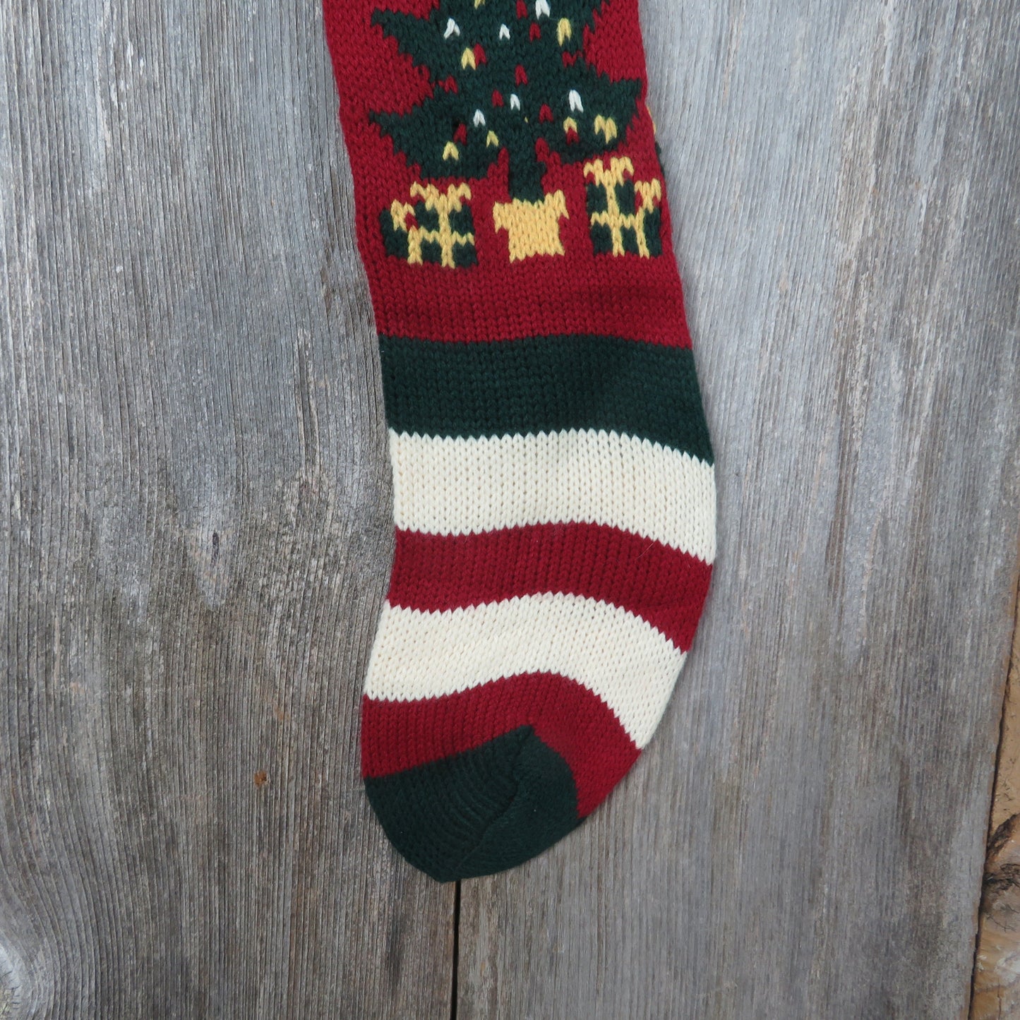 Vintage Knit Christmas Tree Stocking Striped Maroon Presents Gift Beige Gold Green - At Grandma's Table