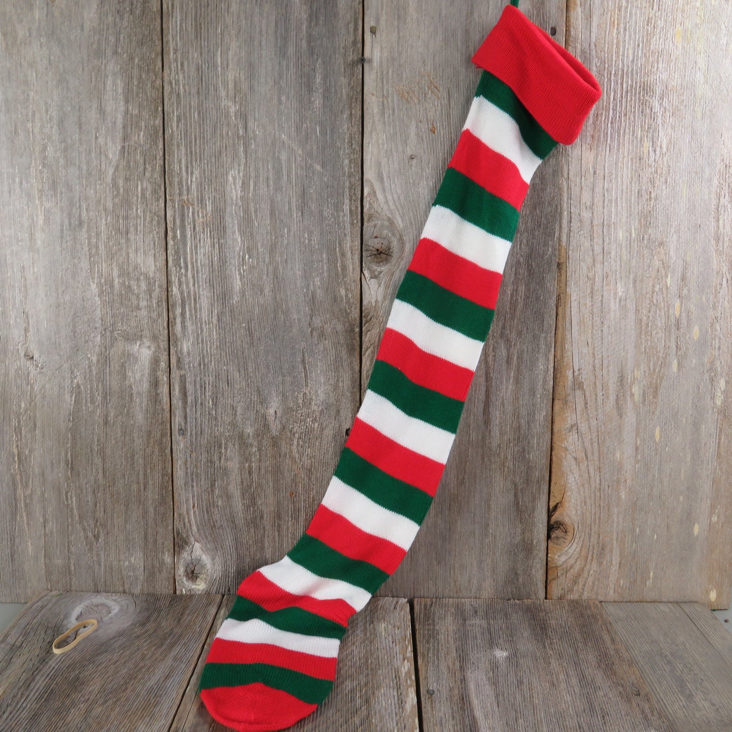 Vintage Striped Knit Stocking Extra Long Red White Green Kurt Adler Christmas Knitted Pom Pom 80s