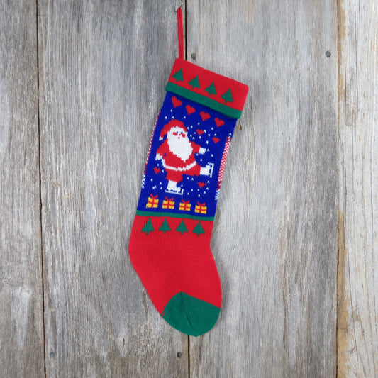 Vintage Santa Claus Knit Stocking Ice Skates Papel Hearts Christmas Cream Blue Red White Green