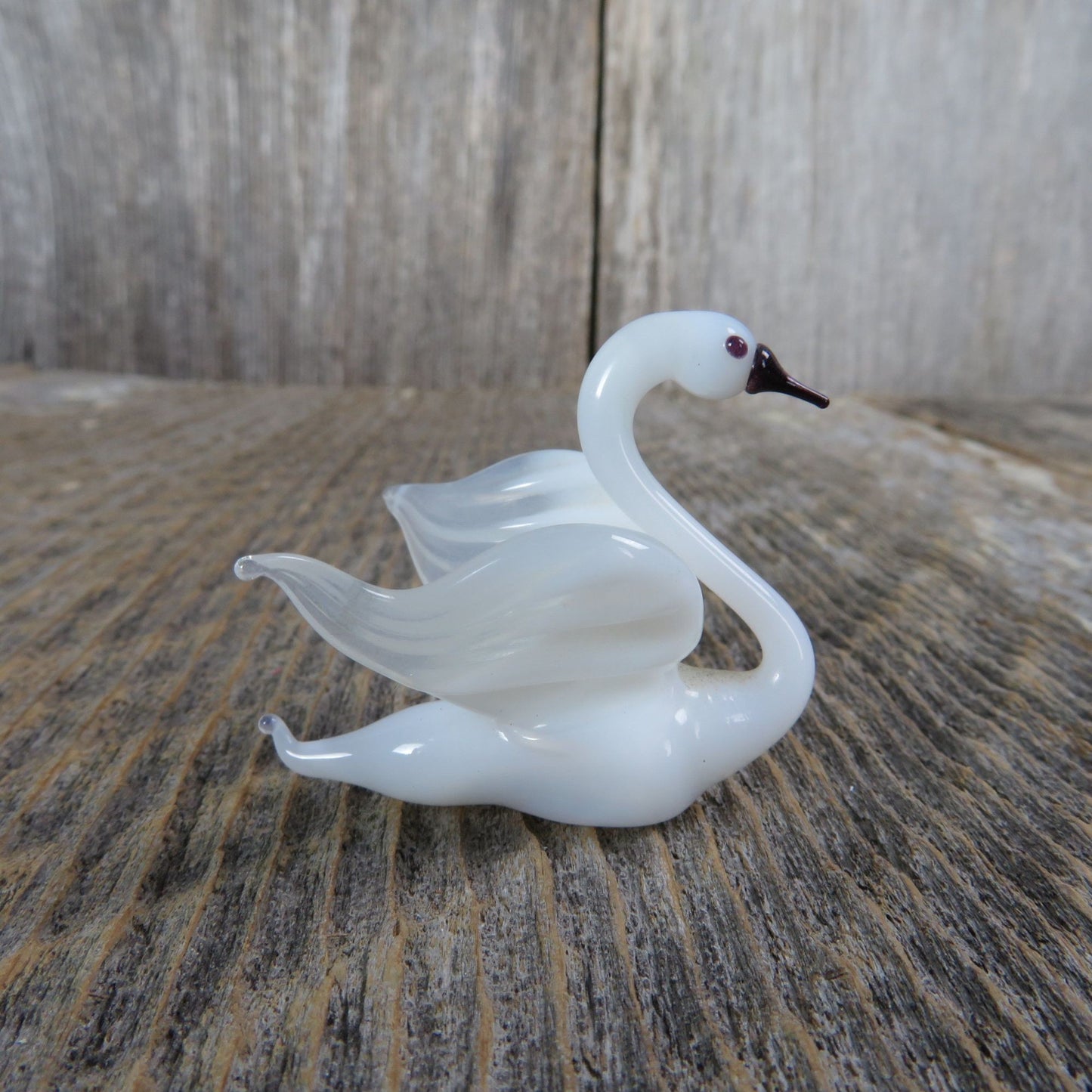 Glass Swan Bird Figurine Miniature White Figure Wings Spread Goose