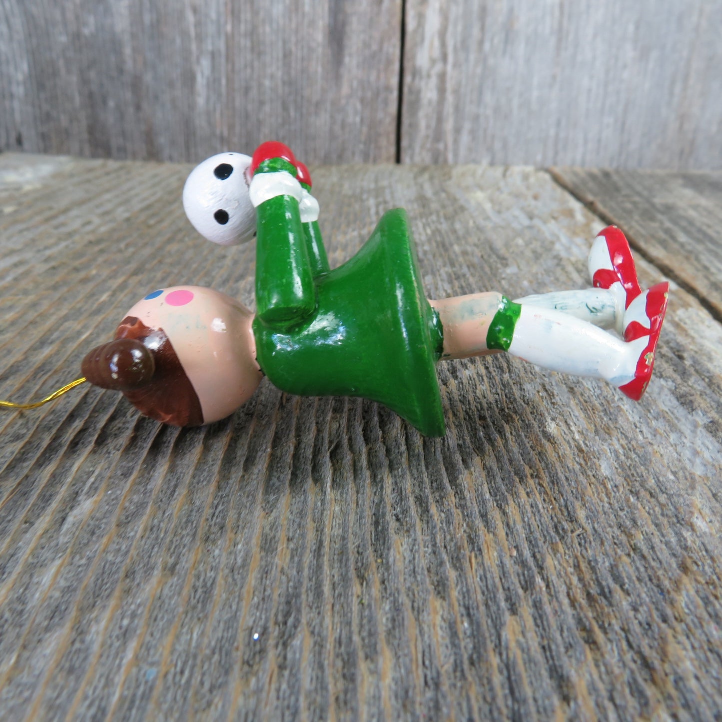 Vintage Wood Soccer Player Ornament Volleyball Green Jersey Dress Girl Sports - At Grandma's Table