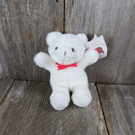 Vintage White Teddy Bear Plush Baby's First Christmas Gund Stuffed Animal Korea 1989