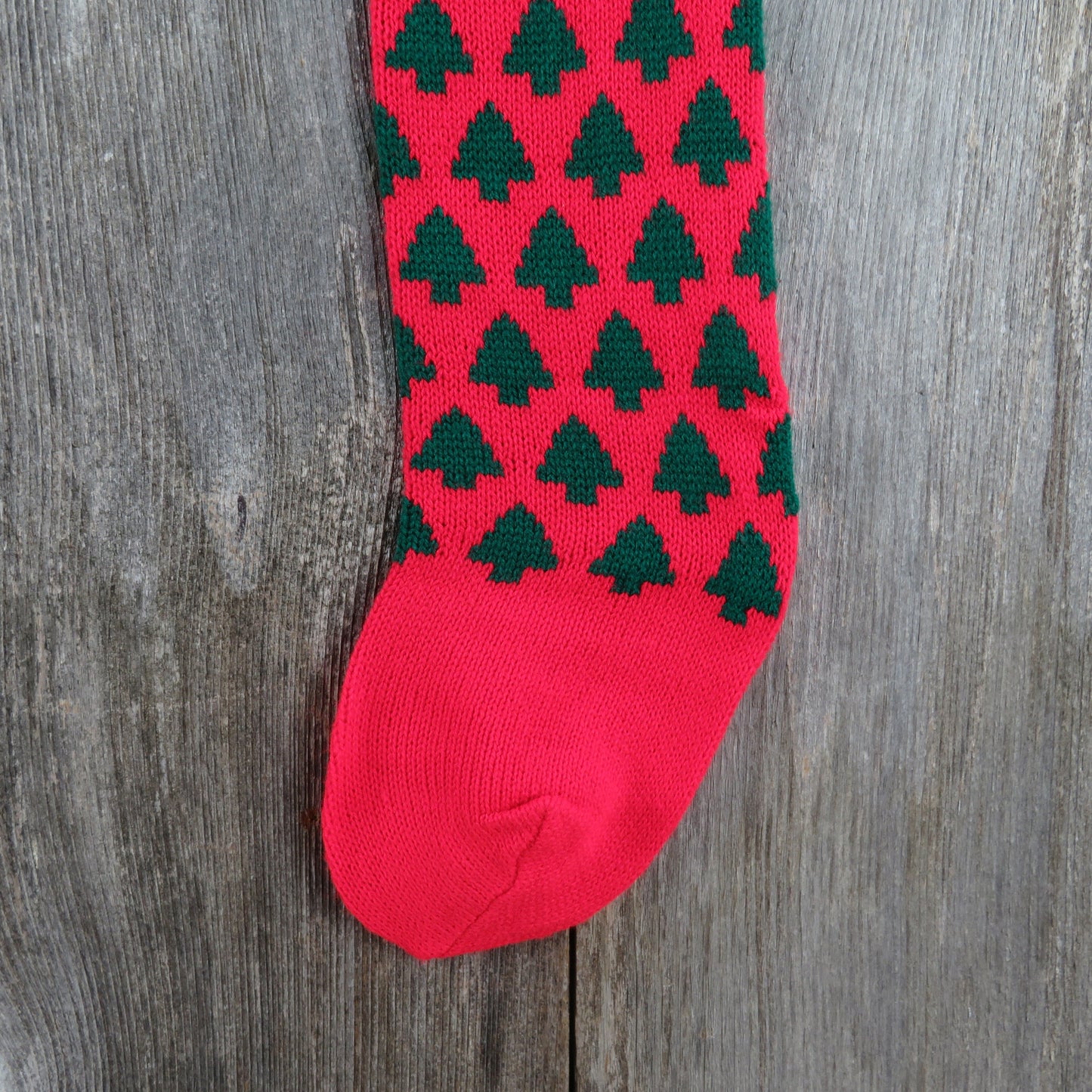 Vintage Christmas Tree Pattern Knit Stocking Green Trees Red Pom Pom Knitted Stocking - At Grandma's Table