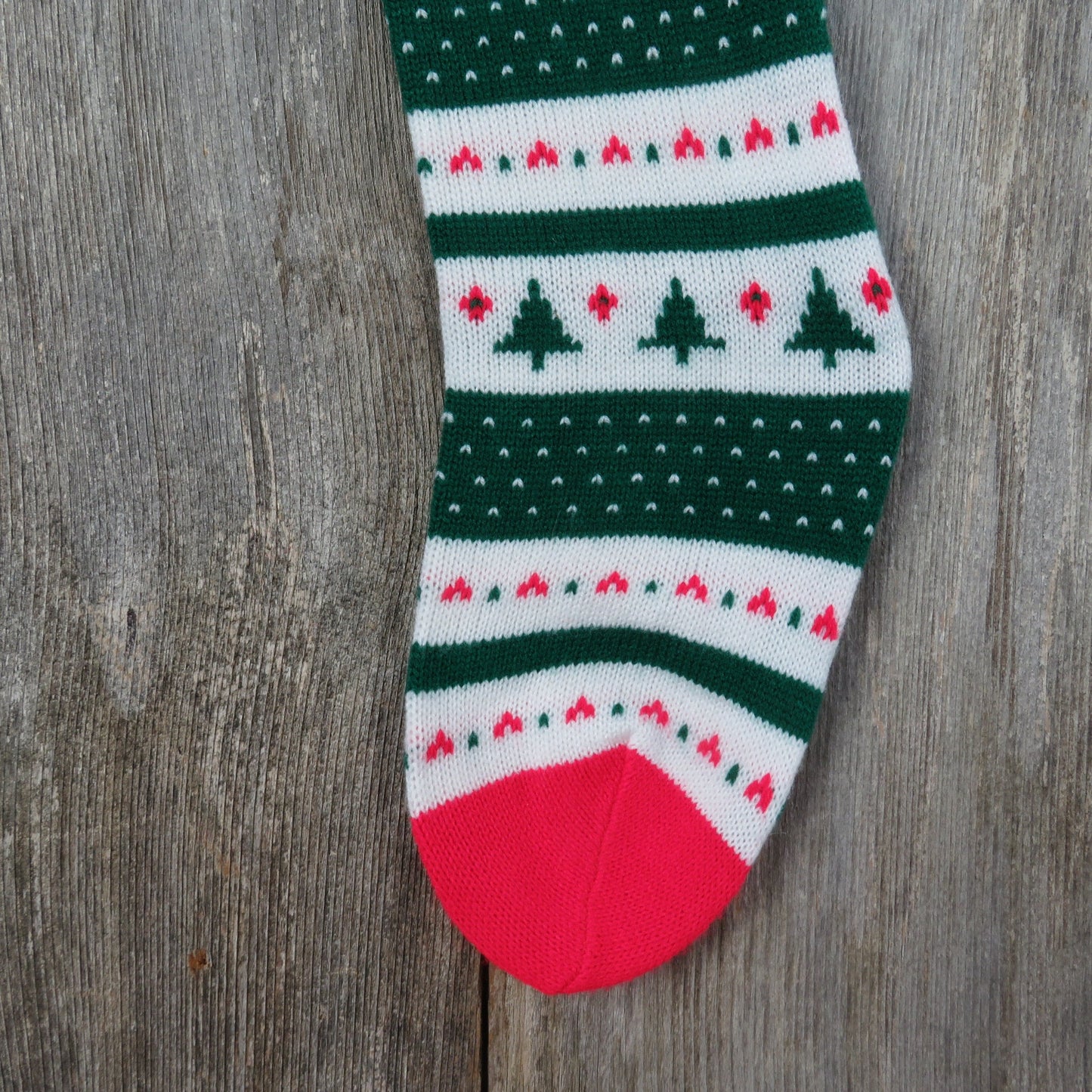Vintage Striped Tree Knit Christmas Stocking Hearts Knitted Green Red White 1980s