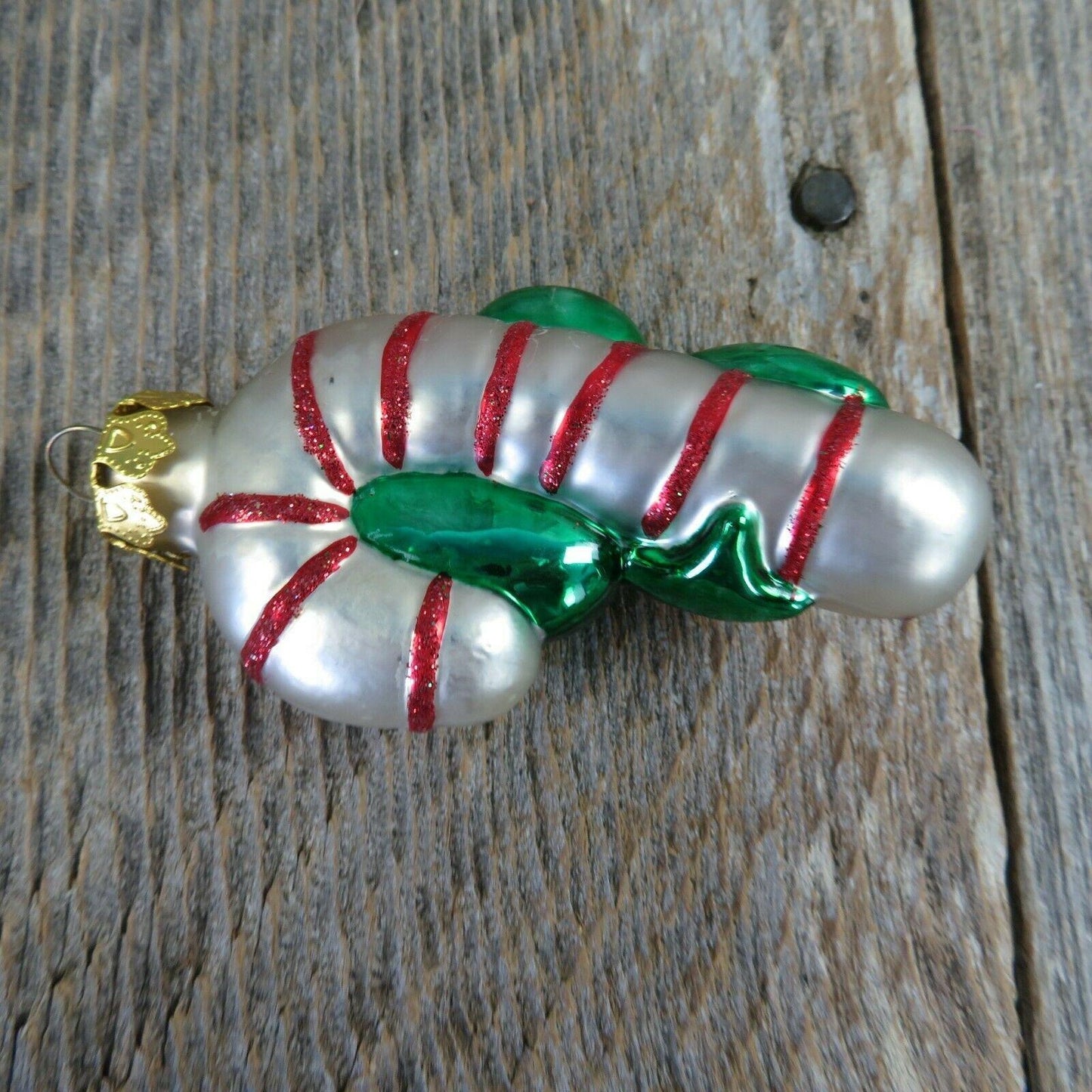 Glass Candy Cane Shaped Ornament Painted Green Bow White Red Glitter Gold Cap