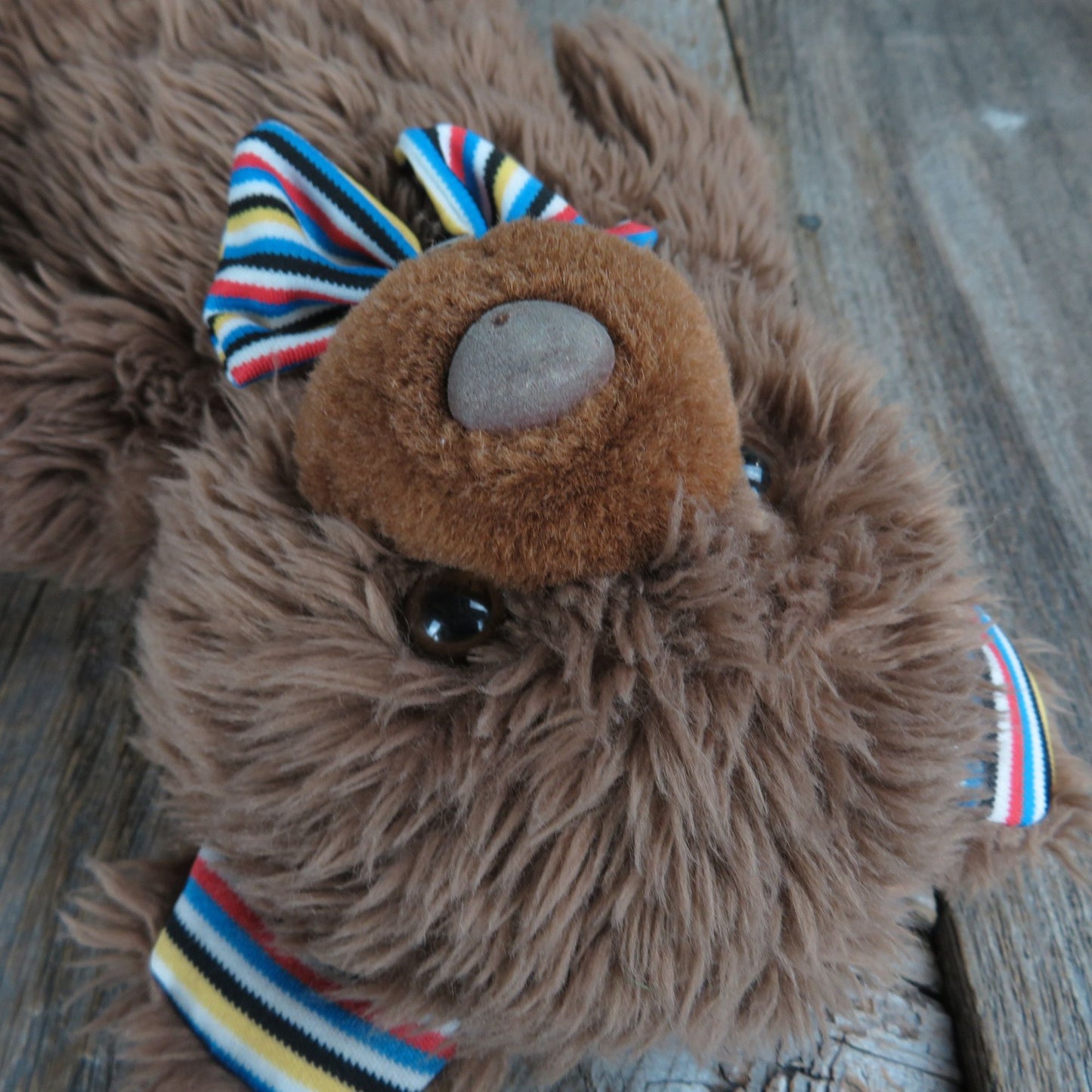 Long Haired Teddy Bear Brown Plush Striped Bow Tie, Feet, and Ears Circus Circus Las Vegas Stuffed Animal