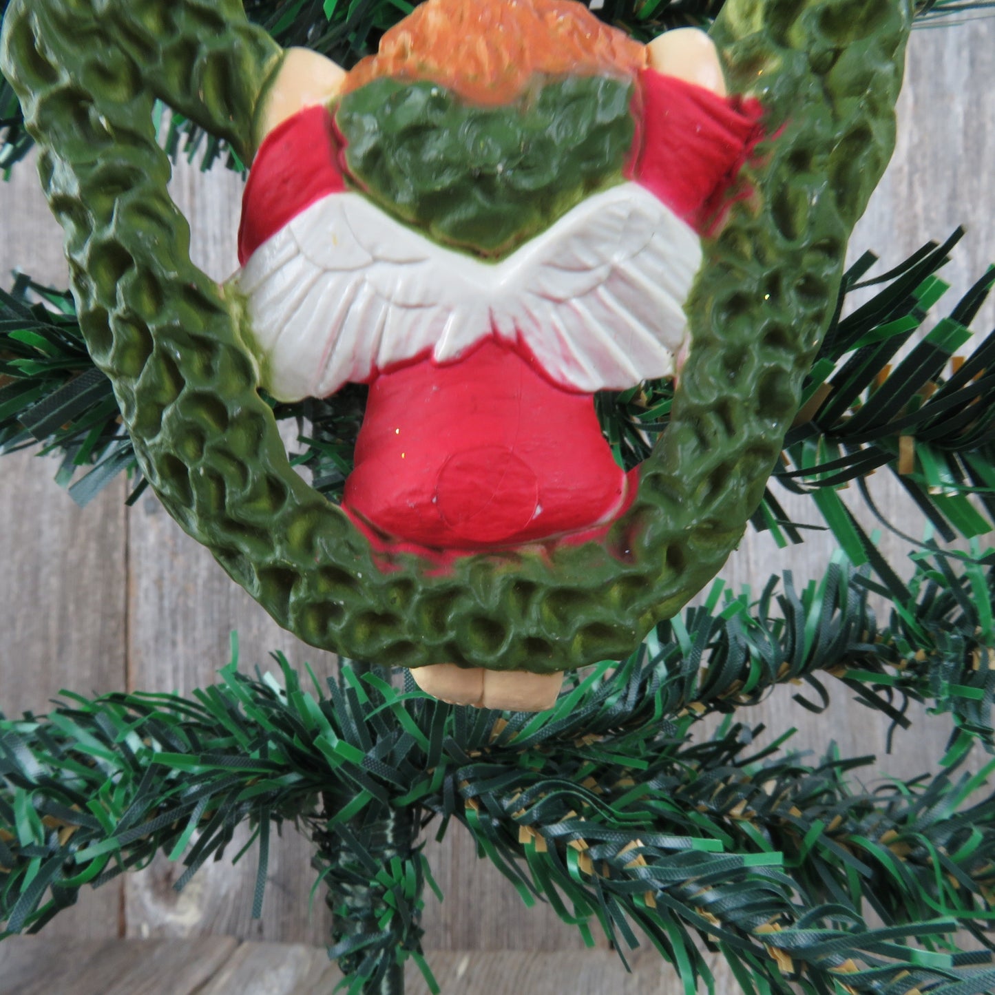 Vintage Angel on Wreath Swing Ornament Plastic Red Dress Heart Girl - At Grandma's Table