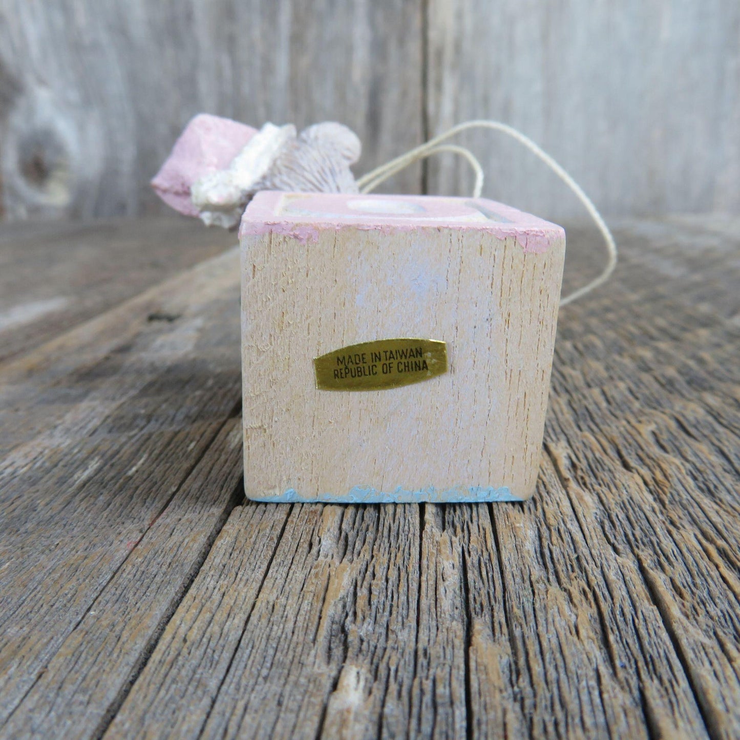 Vintage Mouse on an Wooden Alphabet Block Ornament Wood Blue Taiwan