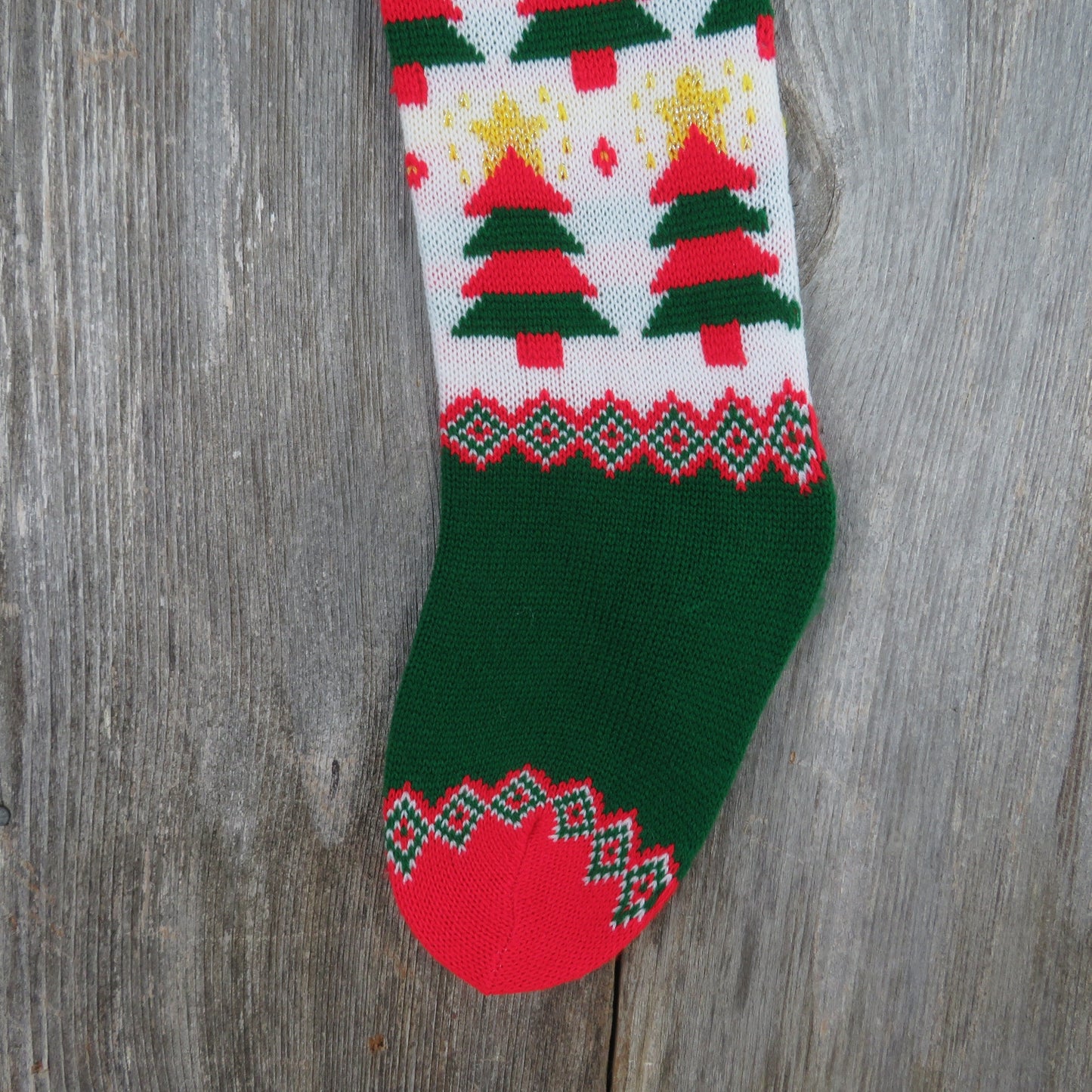 Vintage Knit Tree Stocking Christmas Star Diamond Pattern Green Red White Pom Pom