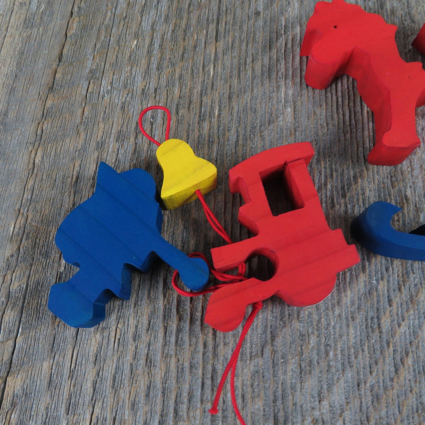 Vintage Rocking Horse Train Puzzle Wood Ornament Set Department 56 Red Blue Wooden Toy Taiwan