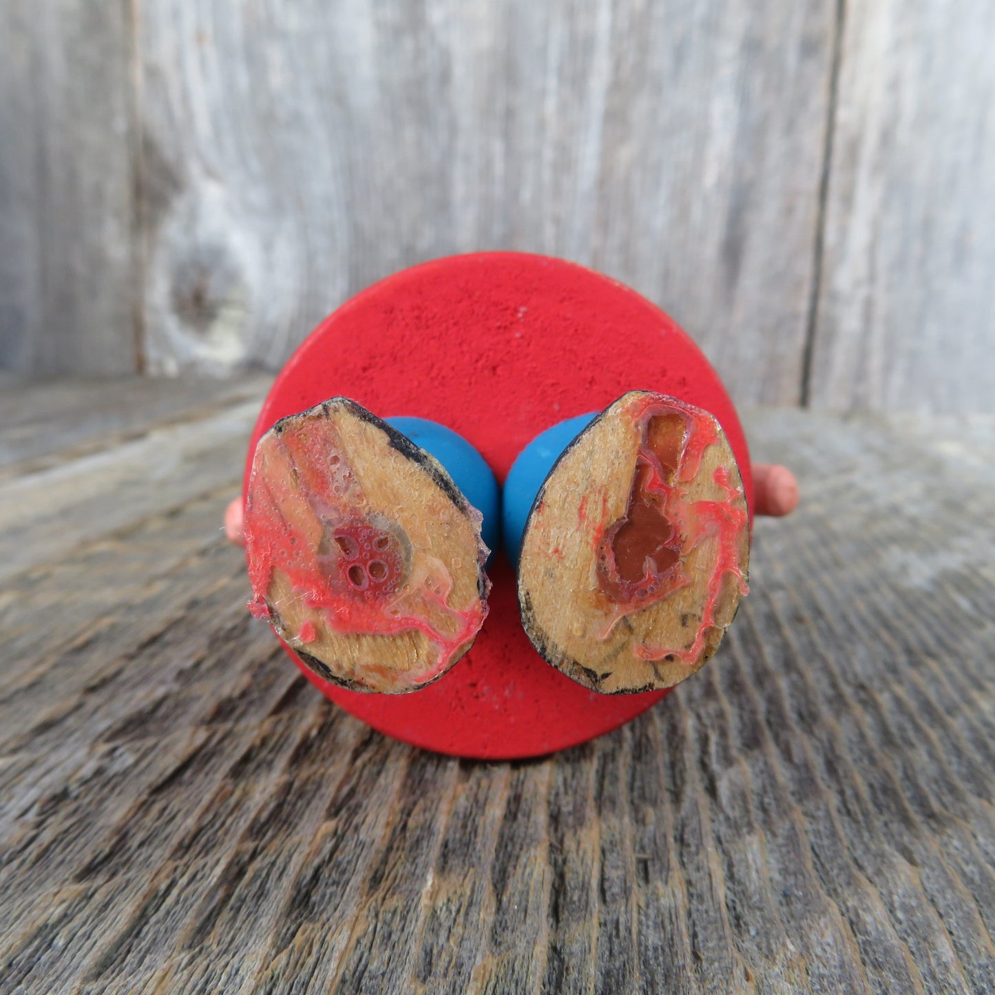 Vintage Wooden Santa Figurine Christmas Elf Gnome Real Fur Beard Red Wood Hat