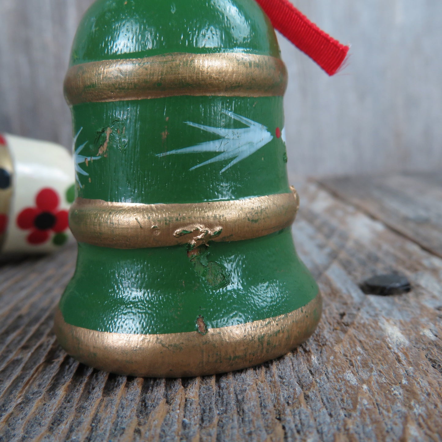 Vintage Hand Bell Wood Ornament Set Green Bell Shaped Wooden Christmas
