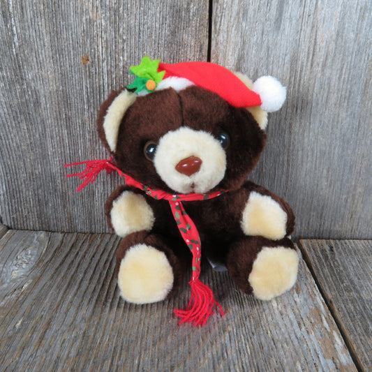 Vintage Teddy Bear Plush Red Santa Hat and Scarf Small Dark Brown Holly Stuffed Animal Commonwealth Christmas