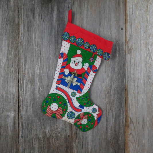 Vintage Santa in Candy Train Stocking Handmade Quilted Christmas Peppermint Print Pocket