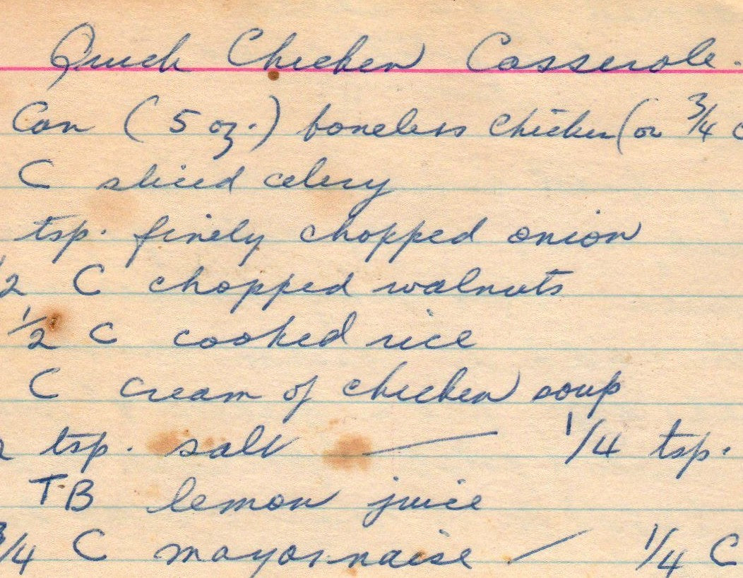 Vintage handwritten recipe card for Quick Chicken Casserole
