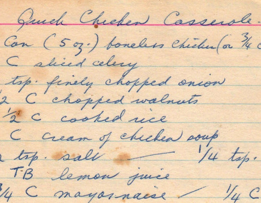 Vintage handwritten recipe card for Quick Chicken Casserole