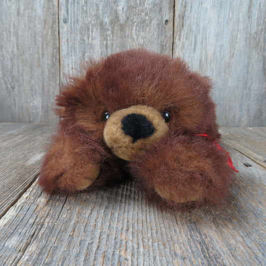 Fuzzy Brown Bear Plush Laying Red Bow Arctic Circle Stuffed Animal Long Hair