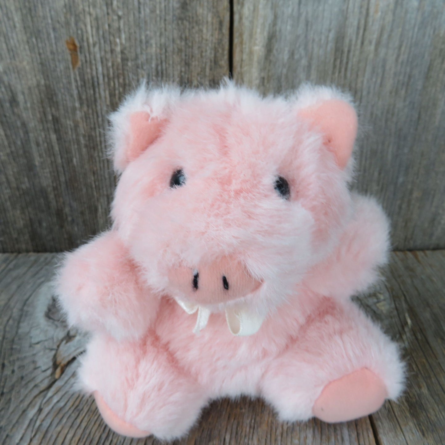 Pink Pig Plush Small Fluffy Bow Stuffed Animal Pink Vintage Hog