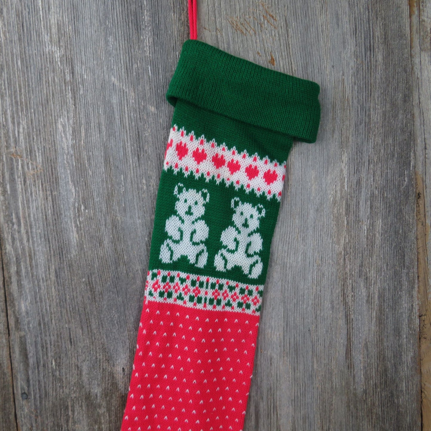 Knit Teddy Bear Stocking Christmas Red Green White Vintage Stretchy Decoration 1980s