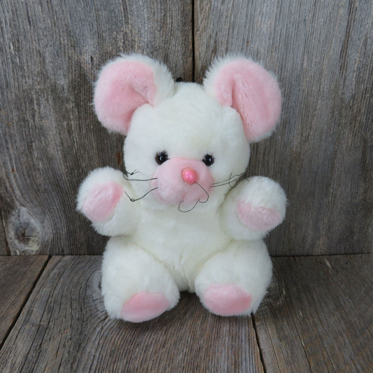 Vintage White Mouse Plush Pink Nose Paws Ears Whiskers Stuffed Animal