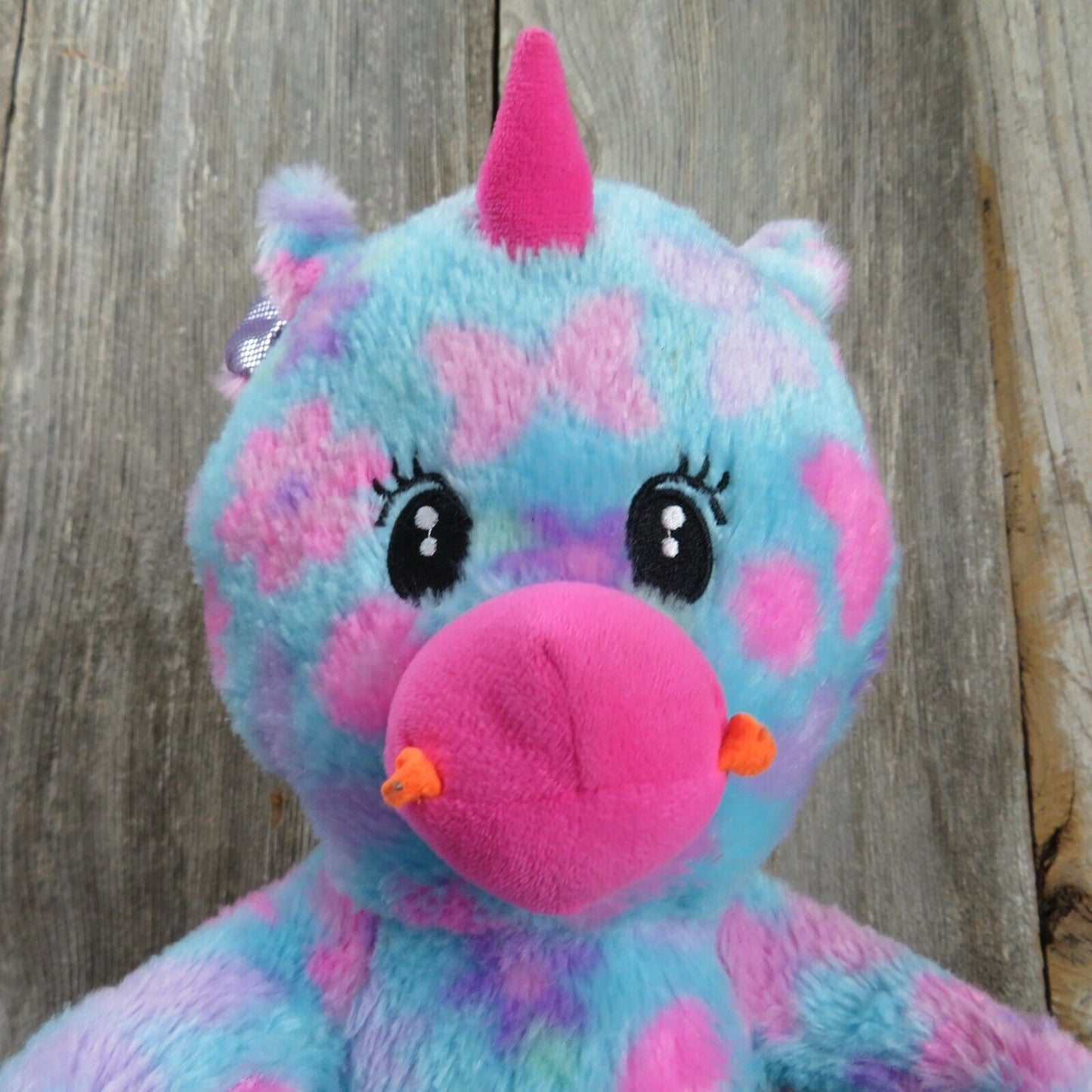 Blue Unicorn Stuffed Animal World Plush Pink Flowers Purple Feet Sewn Eyes