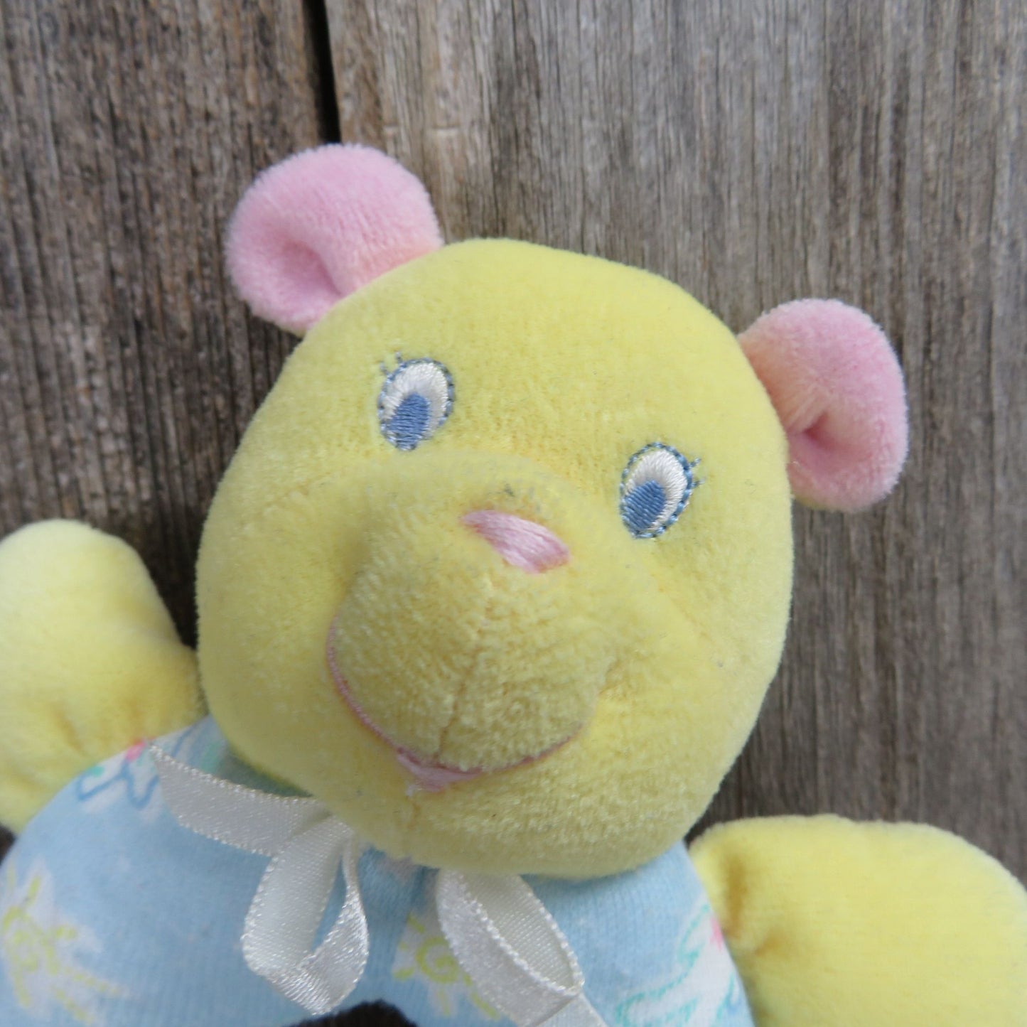 Vintage Bear Rattle Ring Evenflo Yellow Blue Soft Plush Baby Toy Stuffed Animal