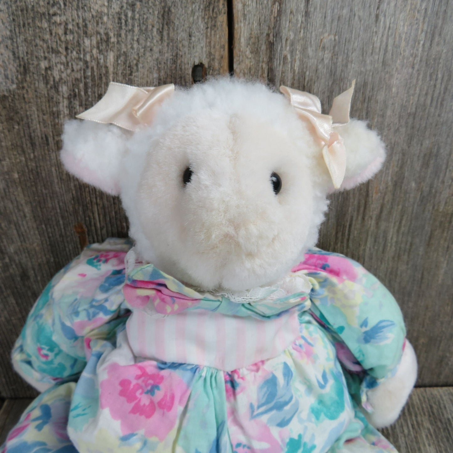 Lamb Sheep Plush Floral Fabric Body Blue and Pink Stuffed Animal PCI 1992 Easter