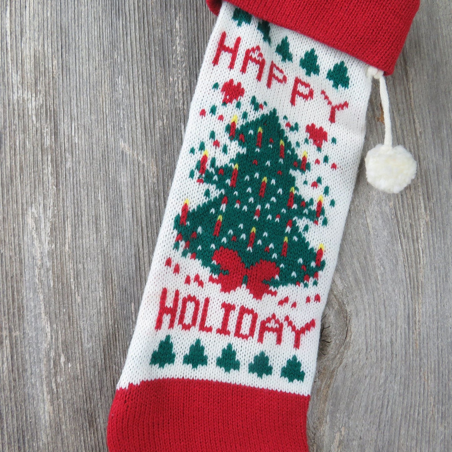 Vintage Knit Stocking Christmas Tree Happy Holidays Knitted Red White