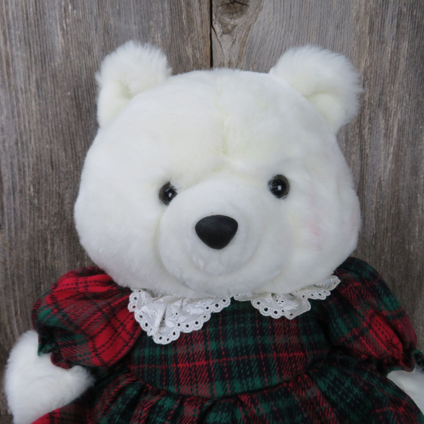 White Christmas Bear Plush Jingle Bear Plaid Red and Green Dress Stuffed Animal Emporium Capwell