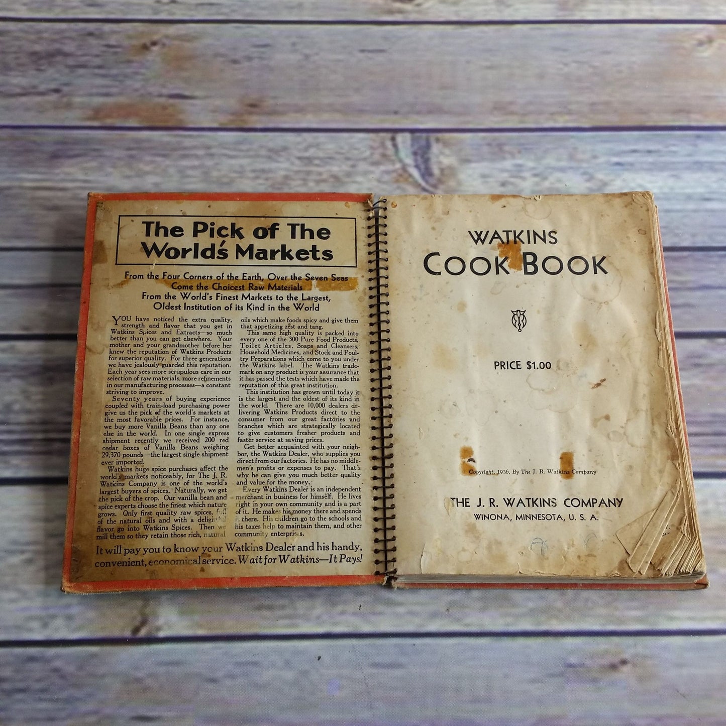 Vintage Watkins Cookbook 1936 Minnesota Recipes Spiral Bound JR Watkins Winona Minnesota