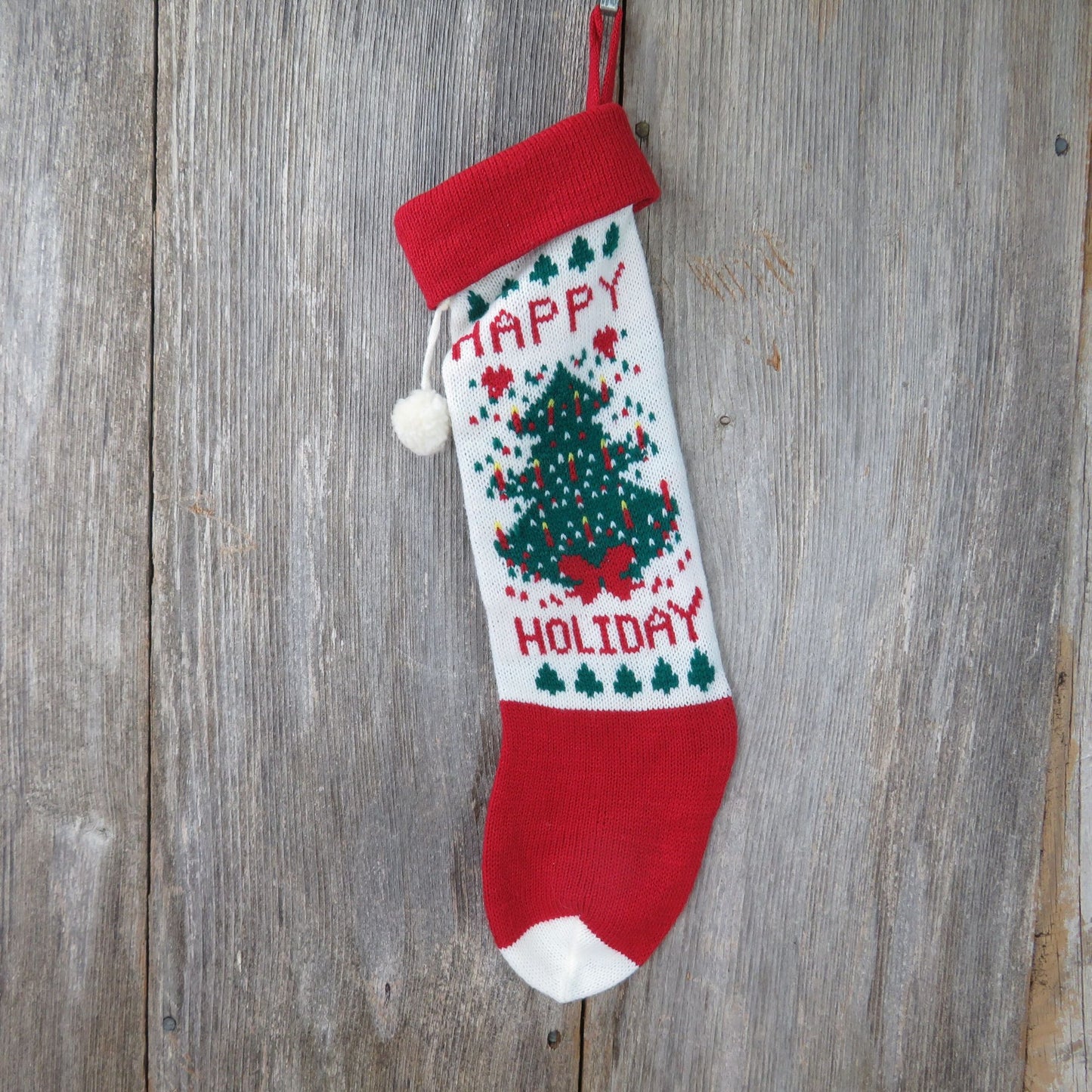 Vintage Knit Stocking Christmas Tree Happy Holidays Knitted Red White